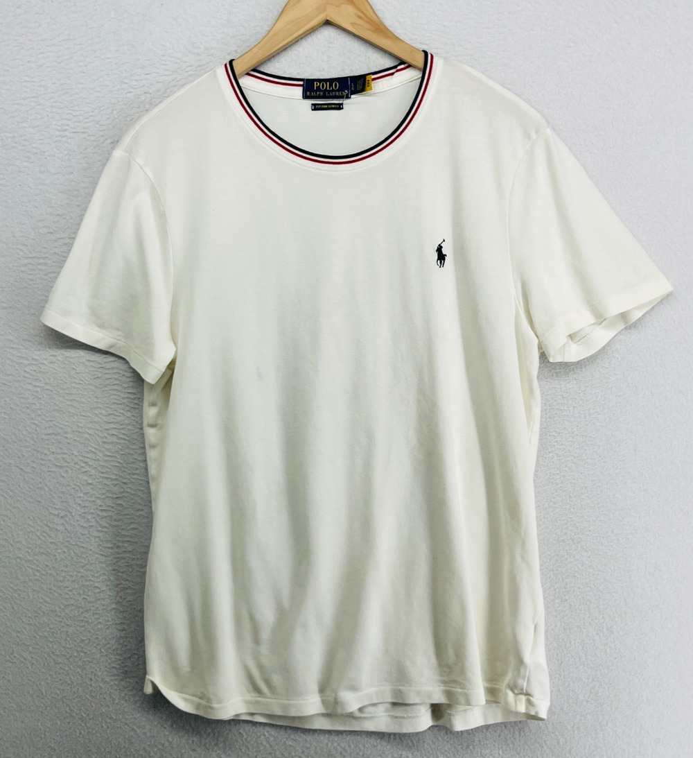 POLO RALPH LAUREN Shirt Mens L Ringer Custom Fit Short Sleeve Crewneck White